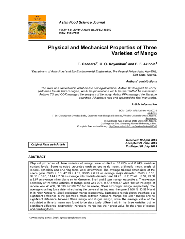 (PDF) Physical and Mechanical Properties of Three Varieties of Mango