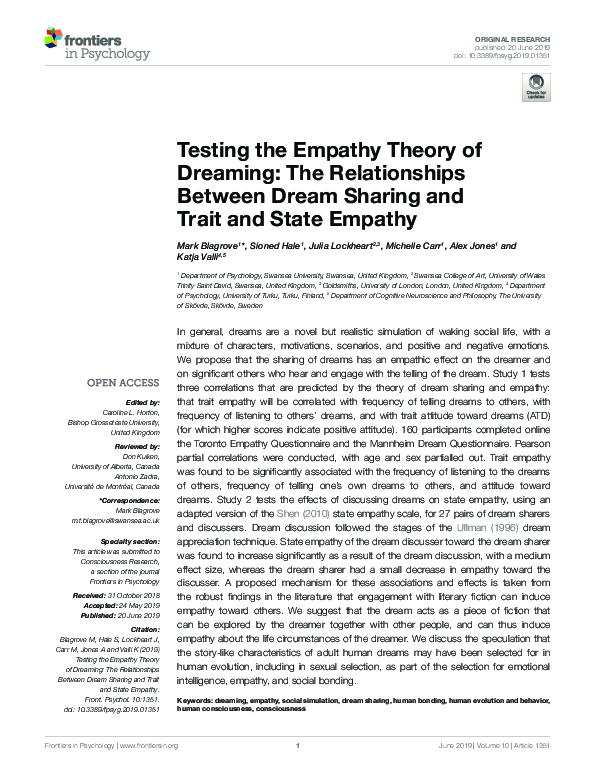 (PDF) Testing the Empathy Theory of Dreaming: The Relationships Between ...