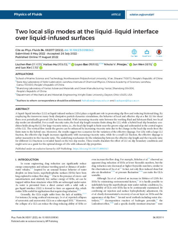 (PDF) Two local slip modes at the liquid-liquid interface over liquid ...