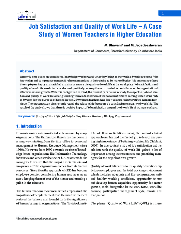  PDF Job Satisfaction And Quality Of Work Life A Case Study Of Women 