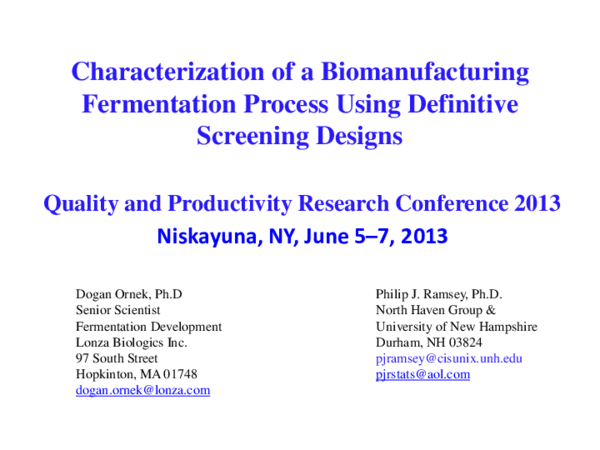 (PDF) Characterization of a Biomanufacturing Fermentation Process Using ...