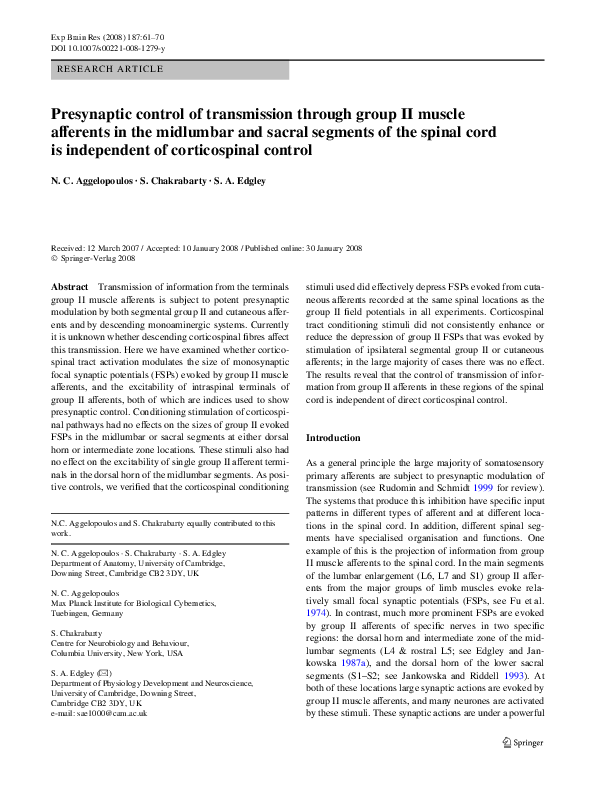(PDF) Presynaptic control of transmission through group II muscle ...