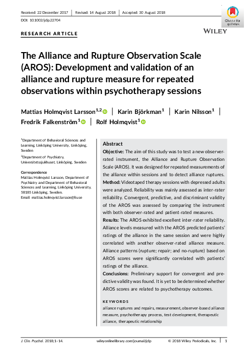 (PDF) The Alliance and Rupture Observation Scale (AROS): Development ...