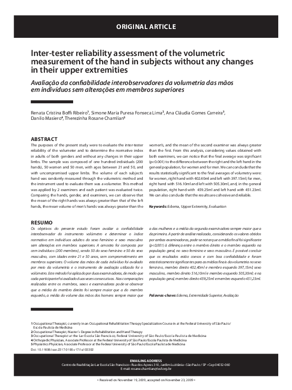 (PDF) Inter-tester reliability assessment of the volumetric measurement ...