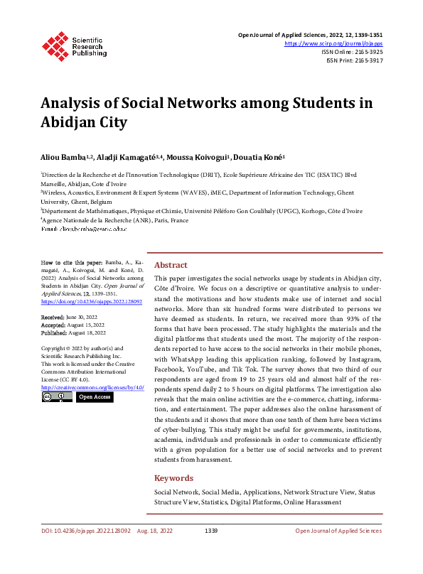 (PDF) Analysis of Social Networks among Students in Abidjan City