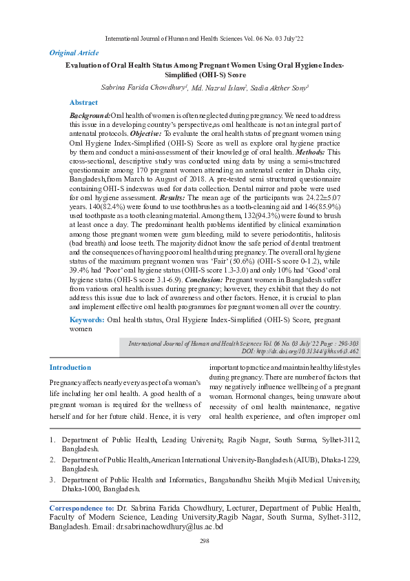 (PDF) Evaluation of Oral Health Status Among Pregnant Women Using Oral ...