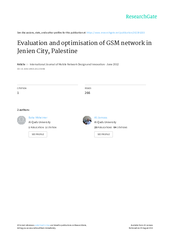 (PDF) Evaluation and Optimization of GSM Network in Jenien City, Palestine