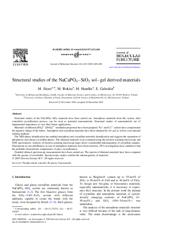 (PDF) Structural studies of the NaCaPO4–SiO2 sol–gel derived materials