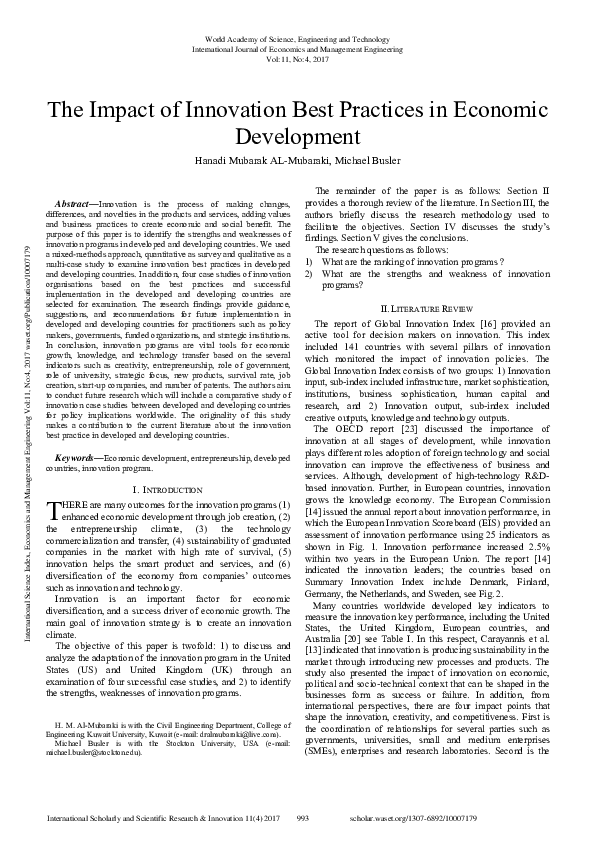 (PDF) The Impact Of Innovation Best Practices In Economic Development