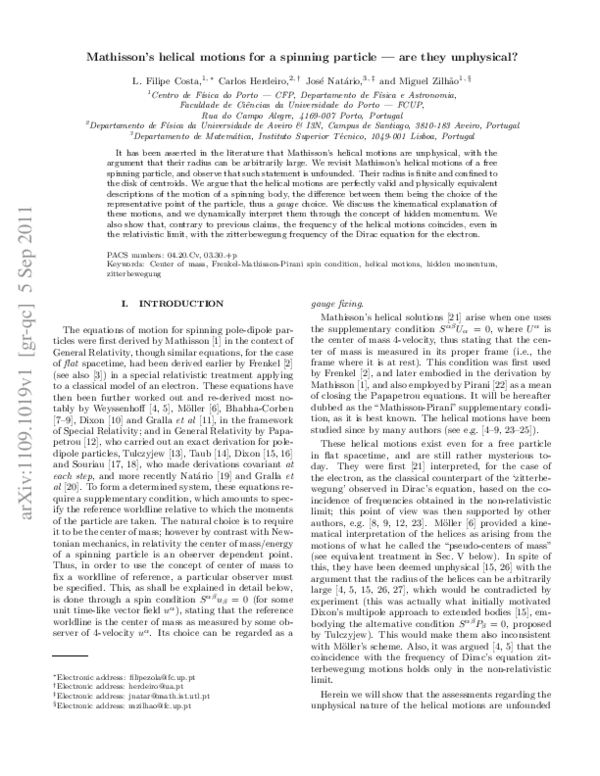 (PDF) Mathisson’s helical motions for a spinning particle: Are they ...