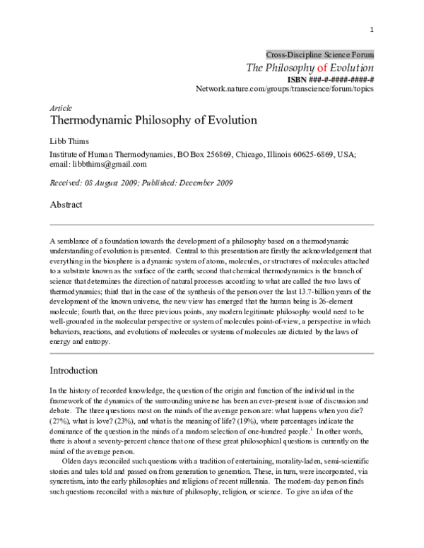 (PDF) Thermodynamic Philosophy of Evolution