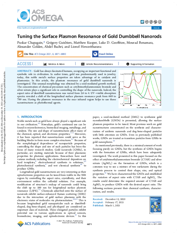 (PDF) Tuning the Surface Plasmon Resonance of Gold Dumbbell Nanorods