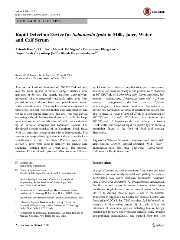 (PDF) Rapid Detection Device for Salmonella typhi in Milk, Juice, Water