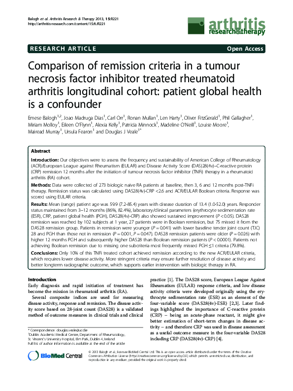 (PDF) Comparison of remission criteria in a tumour necrosis factor ...