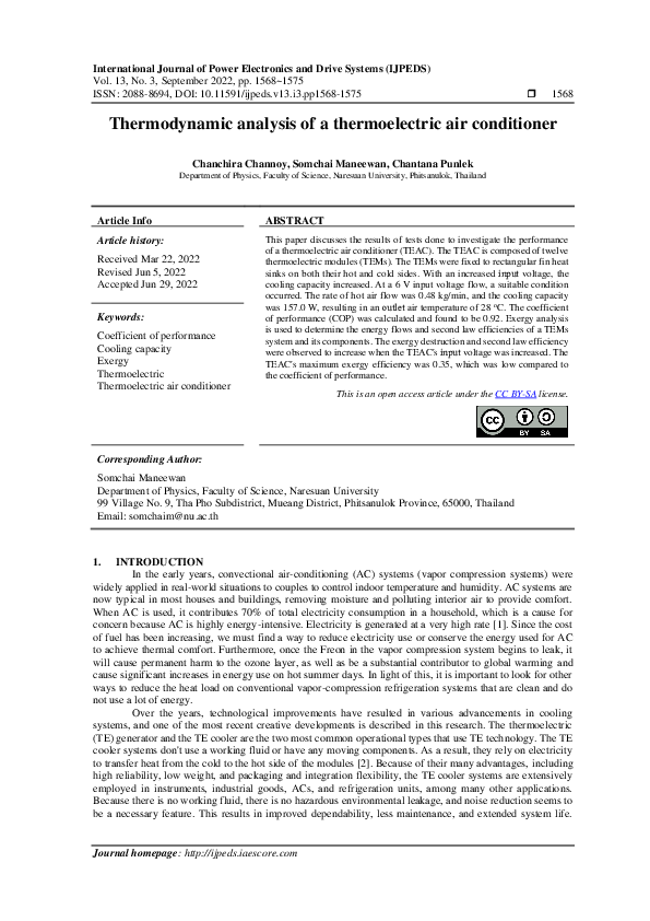 (PDF) Thermodynamic analysis of a thermoelectric air conditioner