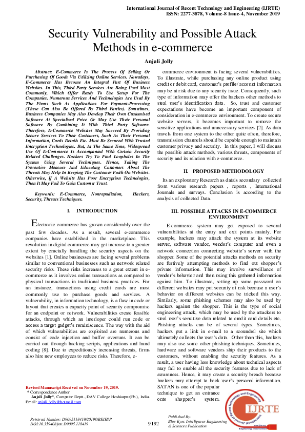 (PDF) Security Vulnerability and Possible Attack Methods in e-commerce