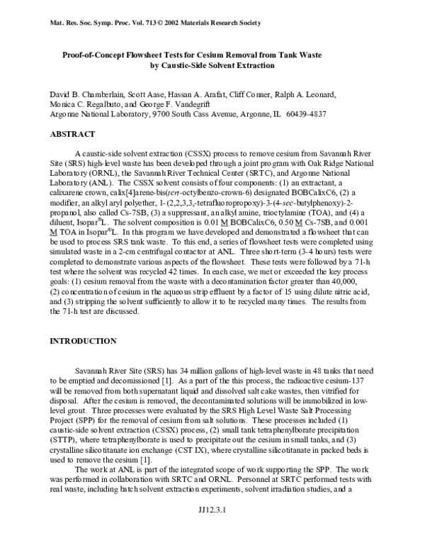 (PDF) Proof-of-Concept Flowsheet Tests for Cesium Removal from Tank ...