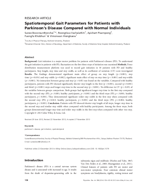 (PDF) Spatiotemporal Gait Parameters for Patients with Parkinson's ...