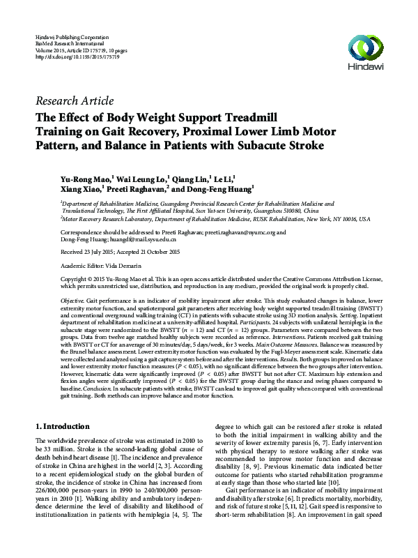 (PDF) The Effect of Body Weight Support Treadmill Training on Gait ...