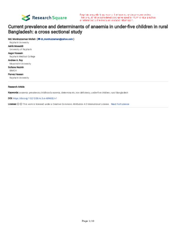(PDF) Current prevalence and determinants of anaemia in under-five ...