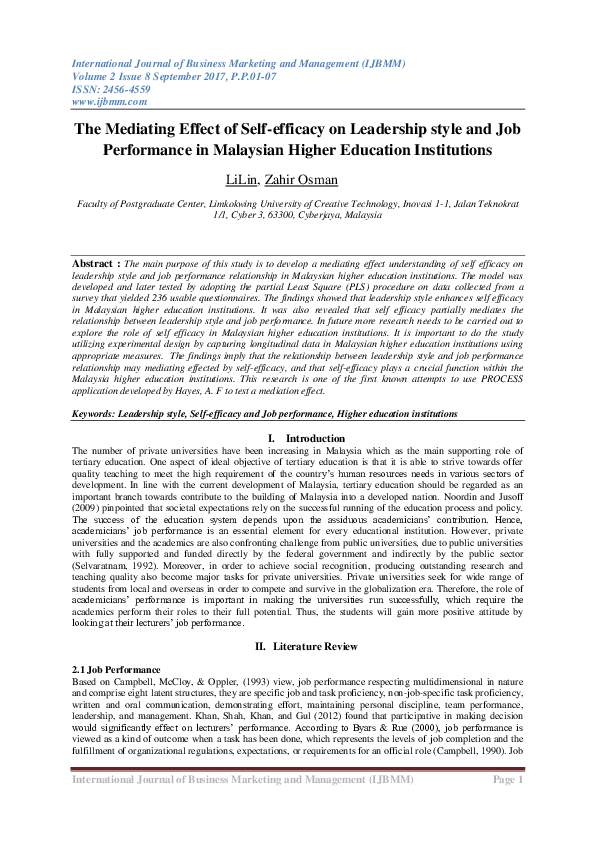 (PDF) The Mediating Effect of Self-efficacy on Leadership style and Job ...