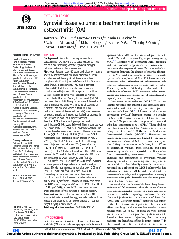 (PDF) Synovial tissue volume: a treatment target in knee osteoarthritis ...