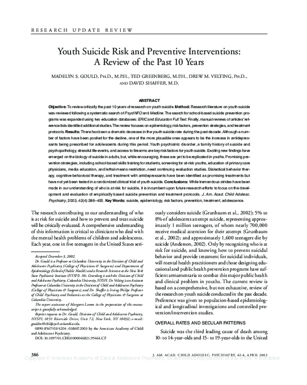 (PDF) Youth Suicide Risk and Preventive Interventions: A Review of the ...