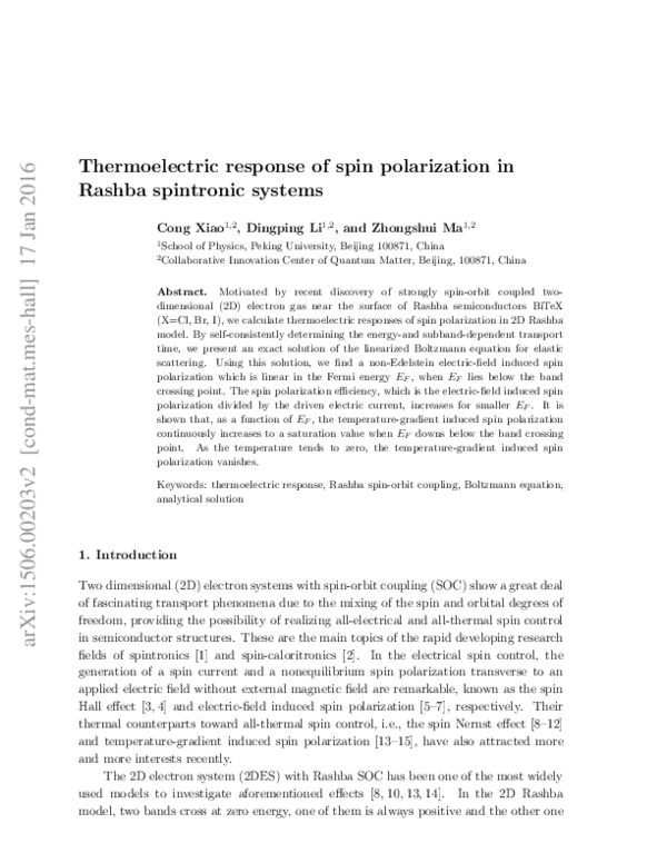 (PDF) Thermoelectric response of spin polarization in Rashba spintronic ...