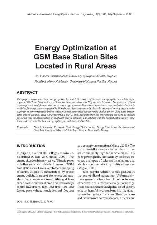 (PDF) Energy Optimization at GSM Base Station Sites Located in Rural Areas
