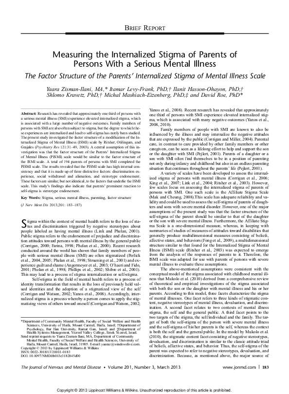 (PDF) Measuring the Internalized Stigma of Parents of Persons With a ...
