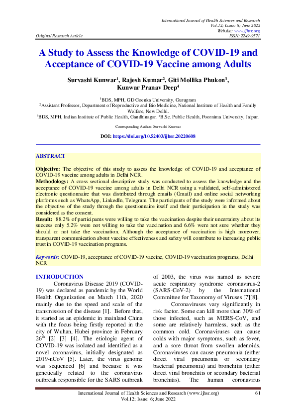 (PDF) A Study to Assess the Knowledge of COVID-19 and Acceptance of ...
