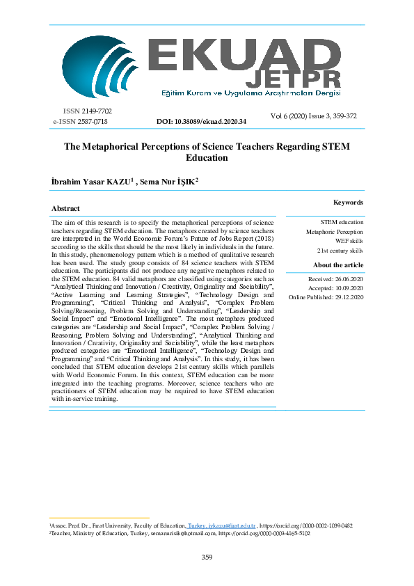 (PDF) The Metaphorical Perceptions of Science Teachers Regarding STEM ...