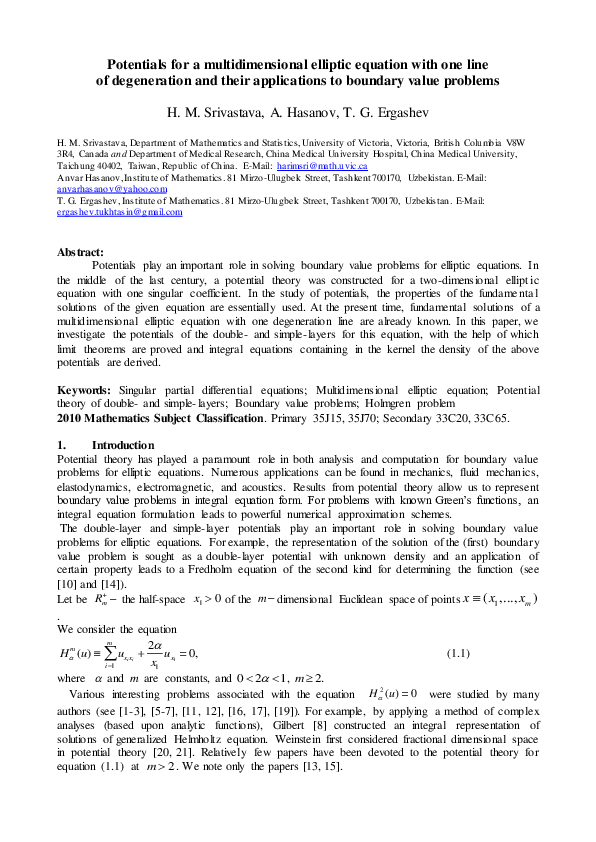 (PDF) Potentials for a multidimensional elliptic equation with one line ...