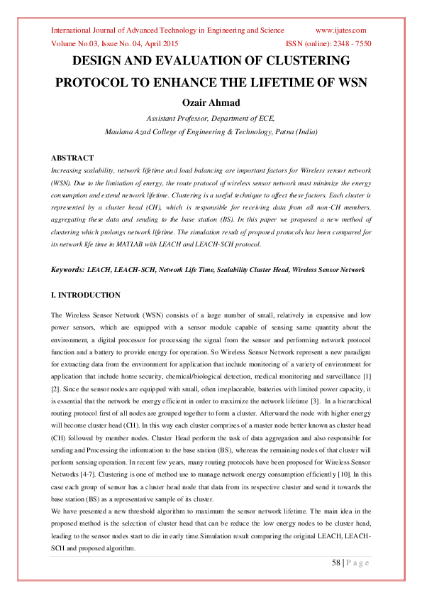 (PDF) Design and Evaluation of Clustering Protocol to Enhance the ...