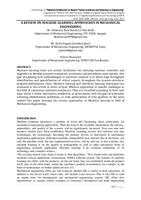 (PDF) A REVIEW ON MACHINE LEARNING APPROACHES IN MECHANICAL ENGINEERING
