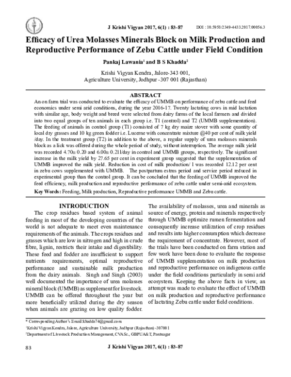 (PDF) Eficacy of Urea Molasses Minerals Block on Milk Production and