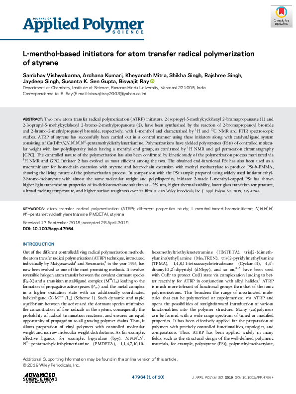 (PDF) L‐menthol‐based initiators for atom transfer radical ...