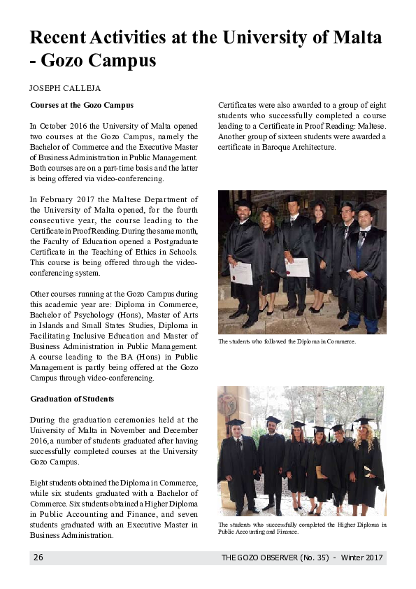(PDF) Recent Activities at the University of Malta-Gozo Campus | Joseph ...