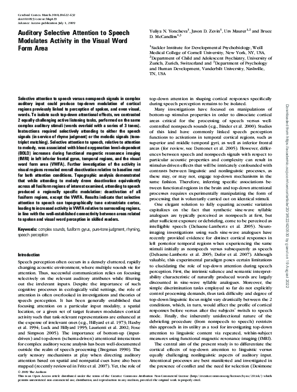 (PDF) Auditory Selective Attention to Speech Modulates Activity in the ...