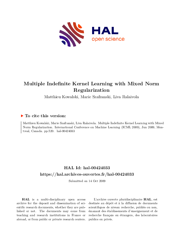 (PDF) Multiple indefinite kernel learning with mixed norm regularization
