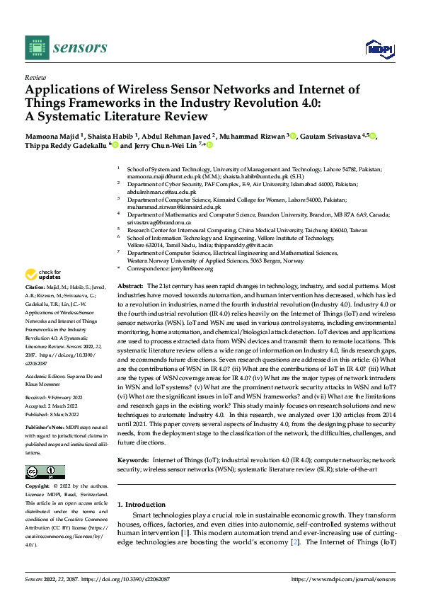 (PDF) Applications of Wireless Sensor Networks and Internet of Things ...