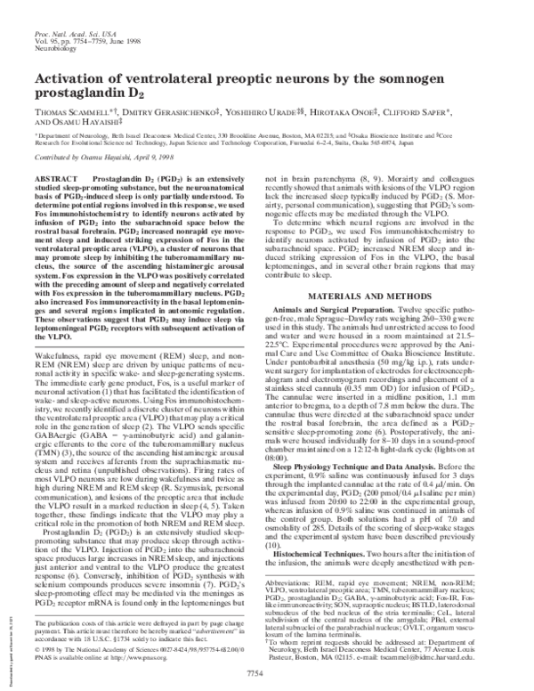 (PDF) Activation of ventrolateral preoptic neurons by the somnogen ...