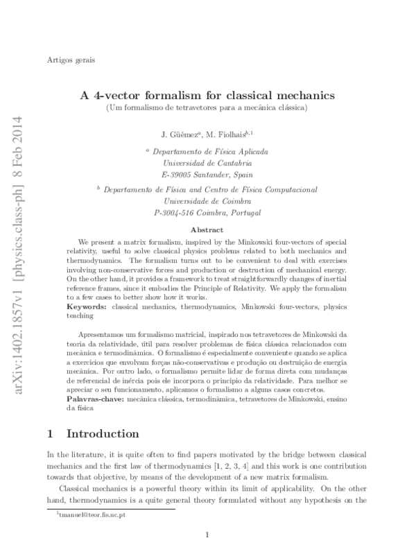 (PDF) A 4-vector formalism for classical mechanics