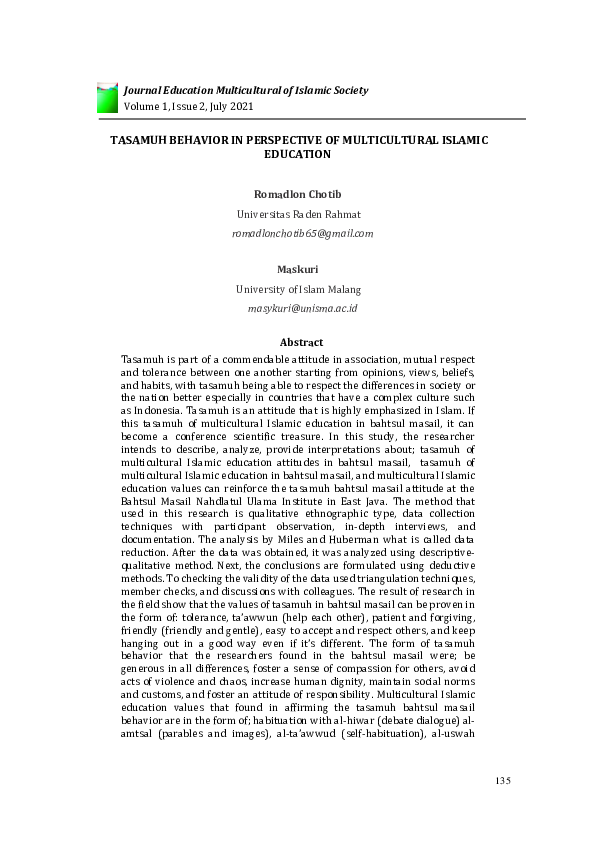 (PDF) Tasamuh Behavior in Perspective of Multicultural Islamic ...