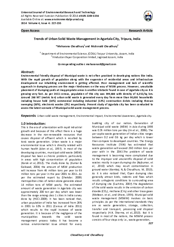 (PDF) Trends of Urban Solid Waste Management in Agartala City, Tripura ...