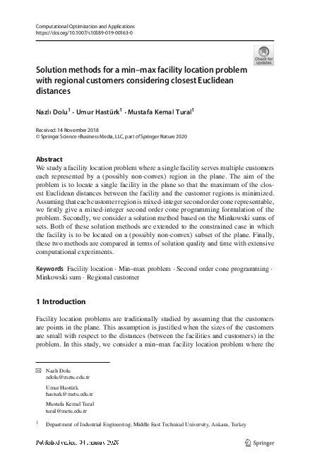 (PDF) Solution methods for a min–max facility location problem with ...