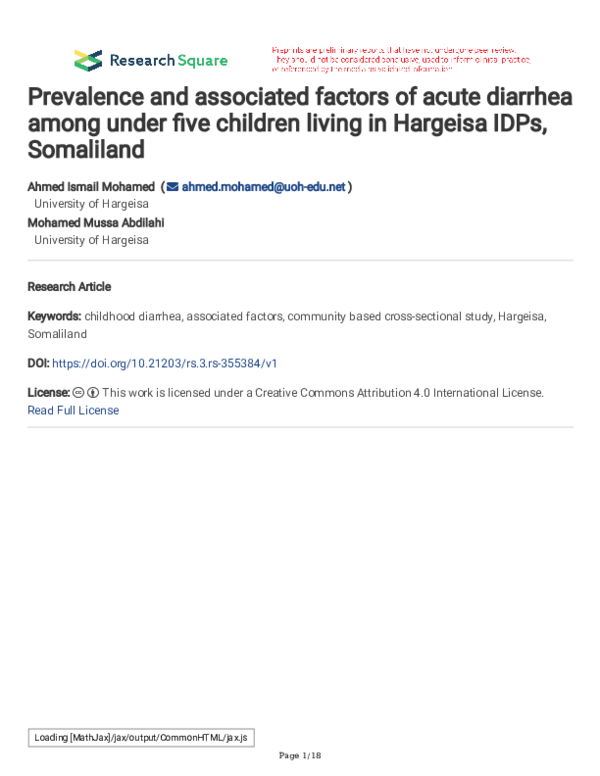 (PDF) Prevalence and associated factors of acute diarrhea among under ...