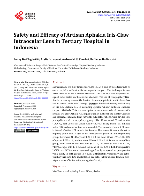 (PDF) Safety and Efficacy of Artisan Aphakia Iris-Claw Intraocular Lens ...