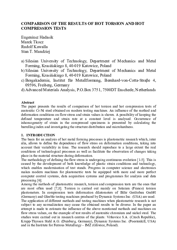 (PDF) Comparison of the Results of Hot Torsion and Hot Compression Tests