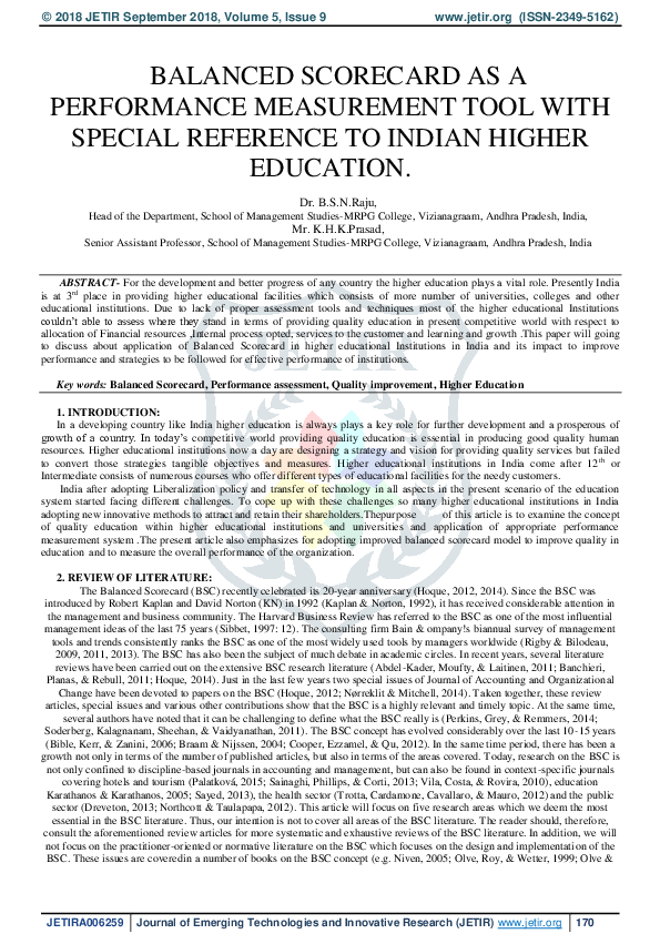 (PDF) Balanced Scorecard as a Performance Measurement Tool with Special ...
